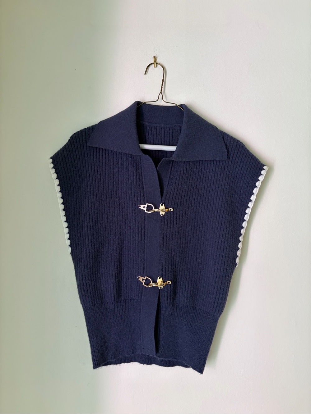 Navy Sleeveless Knit Vest with Gold Toggle Closures